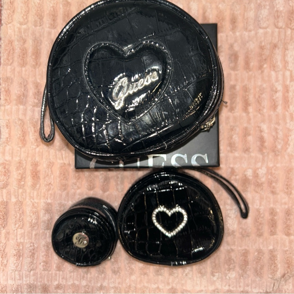 Vintage GUESS Black Patton leather cosmetic nesting bags - travel pouches - NWOT - Picture 2 of 11